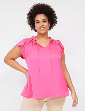 Lane Bryant Cap Flutter-Sleeve Satin & Knit Top Magliette Donna Rosa | LTH3623BC