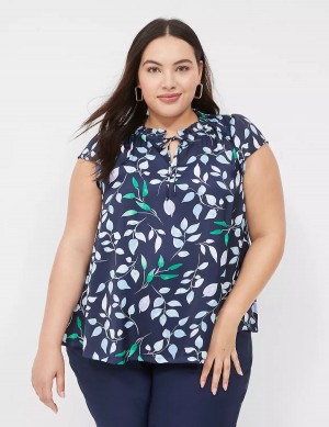 Lane Bryant Cap Flutter-Sleeve Satin & Knit Top Magliette Donna Blu Marino | CHX3194XZ