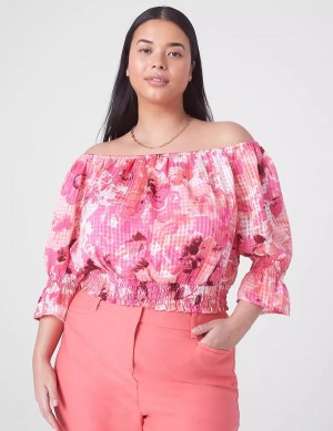 Lane Bryant Classiche Crop Off-The-Shoulder Chiffon Top Canotta Donna Rosa | QBW5430AU