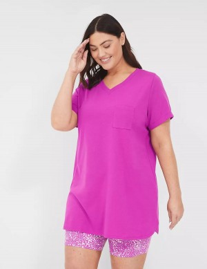 Lane Bryant Comfy Cotton Pocket Tee & Bike Short PJ Set Pigiama Donna Viola Bordeaux | JBB1463SV