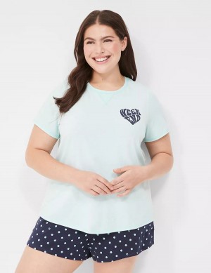 Lane Bryant Comfy Cotton Rib-Trim Tee & Short PJ Set Pigiama Donna Verdi Chiaro Colorate | XAT8420SA