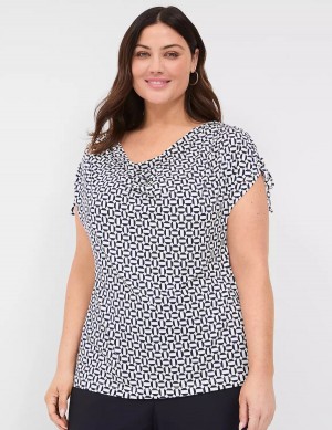 Lane Bryant Drawcord Cap-Sleeve Drape-Neck Top Magliette Donna Blu Marino | FYA379OX