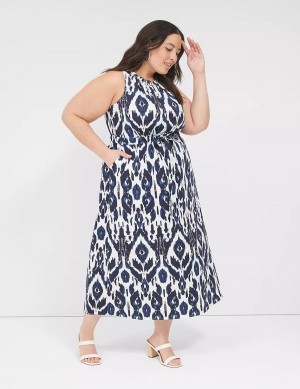 Lane Bryant Elastic-Neck Tie-Waist Abito Midi Donna Blu Marino | EXA83100PF