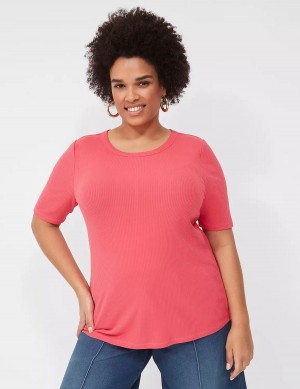 Lane Bryant Elbow-Sleeve High Crew-Neck Rib Top Magliette Donna Rosa | LQO786PF