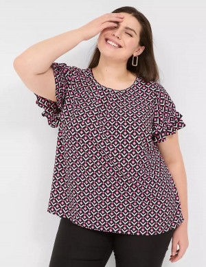 Lane Bryant Flutter-Sleeve Crew-Neck Top Magliette Donna Rosa Blu Marino | HXP9186ZA