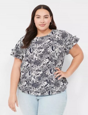 Lane Bryant Flutter-Sleeve Crew-Neck Top Magliette Donna Blu Marino Crema | CHU7930BX