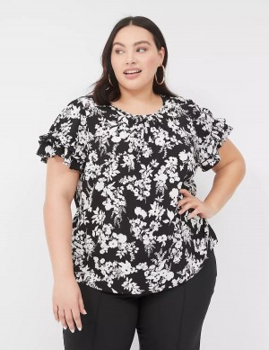 Lane Bryant Flutter-Sleeve Crew-Neck Top Magliette Donna Nere | AOB8930YS