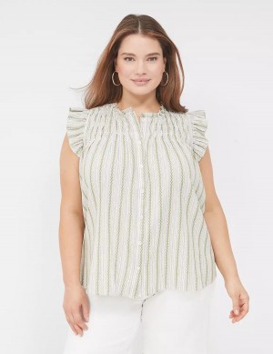 Lane Bryant Flutter-Sleeve Ruffle-Neck Camicetta Donna Verdi Strisce | HEK5651EU