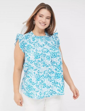 Lane Bryant Flutter-Sleeve Ruffle-Neck Camicetta Donna Blu | VHX7419SG