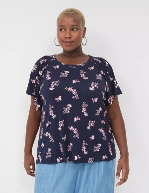 Lane Bryant Flutter-Sleeve Smocked Top Magliette Donna Rosa Blu Marino | MPY5334IB