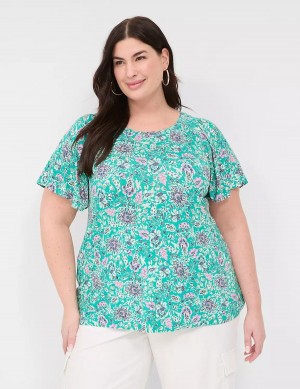 Lane Bryant Flutter-Sleeve Smocked Top Magliette Donna Verde Acqua Chiaro | ZUJ5028TF