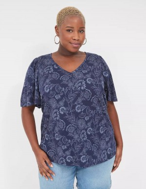 Lane Bryant Flutter-Sleeve V-Neck Top Magliette Donna Blu Marino | KLC42NZ