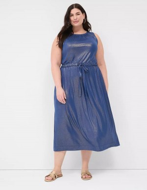 Lane Bryant Foil Shimmer Tie-Waist Abito Midi Donna Blu Scuro | MNV4561CL