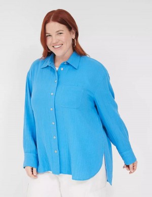 Lane Bryant Gauze Button-Down Beach Top Camicie Donna Blu | TRZ951RB