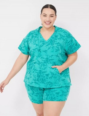 Lane Bryant LIVI Short-Sleeve French Terry Felpa con Cappuccio Donna Verde Acqua | CVR2666VA