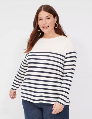 Lane Bryant Long-Sleeve Boatneck Top Magliette Donna Blu Marino Strisce | WQM4427OR