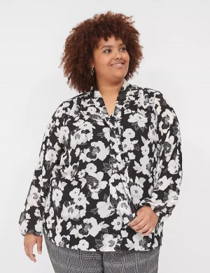 Lane Bryant Long-Sleeve Tie-Neck Popover Camicetta Donna Nere Bianche | SEJ1020ZK