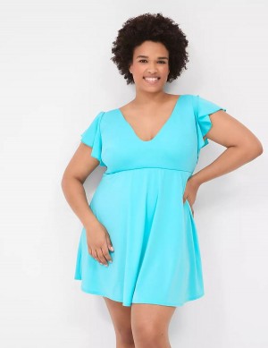 Lane Bryant No-Wire Flutter-Sleeve Swim Vestito Donna Blu | HYE5734ZD