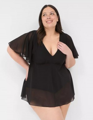 Lane Bryant No-Wire Flutter-Sleeve Swim Vestito Donna Nere | HYC729CN