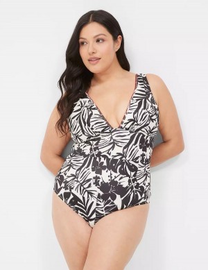 Lane Bryant No-Wire Plunge One-Piece Costumi Da Bagno Donna Bianche Nere | TGL8522IM