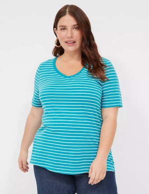 Lane Bryant Perfect Sleeve V-Neck Tee Magliette Donna Verde Acqua Strisce | SMW849UJ