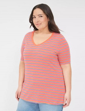 Lane Bryant Perfect Sleeve V-Neck Tee Magliette Donna Arancioni Strisce | JQW689AA