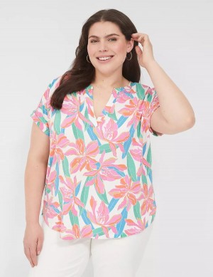 Lane Bryant Relaxed Gauze Notch-Neck Camicie Donna Rosa Blu | LVJ1128PB