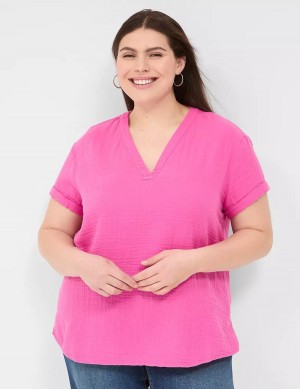 Lane Bryant Relaxed Gauze V-Neck Popover Camicie Donna Fucsia | UQR7165UN