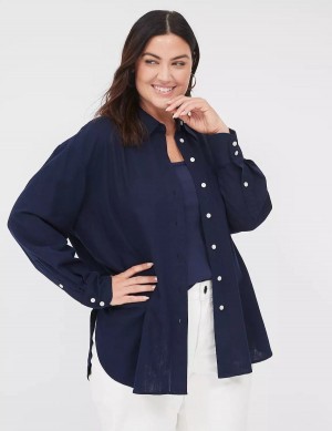 Lane Bryant Relaxed Linen Button-Down Camicie Donna Blu | BQK8455KK