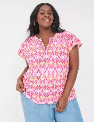 Lane Bryant Relaxed Notch-Neck Woven & Knit Top Magliette Donna Rosa | IOX4145PF