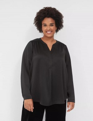 Lane Bryant Satin Banded-Neck Ruched-Shoulder Camicie Donna Nere | XOS5074IG