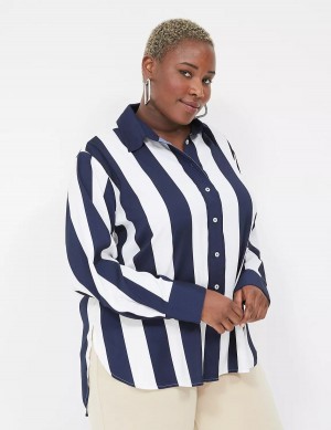 Lane Bryant Satin Easy Collared Stripe Button-Down Camicie Donna Blu Marino Bianche Strisce | PCJ7361LN