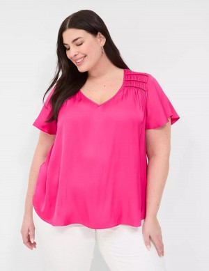 Lane Bryant Satin Smocked-Shoulder Camicetta Donna Rosa | PPP1125IZ