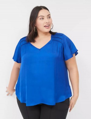 Lane Bryant Satin Smocked-Shoulder Camicetta Donna Blu | QNK9749JS