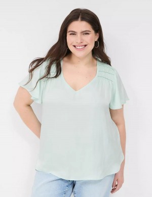 Lane Bryant Satin Smocked-Shoulder Camicetta Donna Verdi Chiaro | FHY4181IO