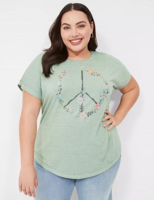 Lane Bryant Scoop-Neck Peace Flowers Graphic Tee Magliette Donna Verdi Chiaro | QCC1285YJ