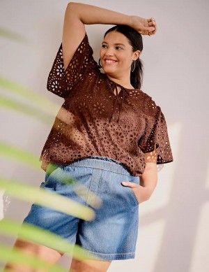 Lane Bryant Sheer Flutter-Sleeve Eyelet Top Magliette Donna Marroni | MGG6421FD