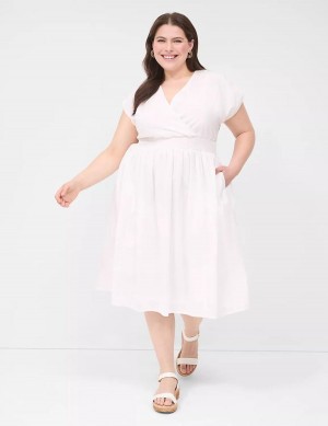 Lane Bryant Shirred-Shoulder Smocked-Waist Abito Midi Donna Bianche | MOR1778BD