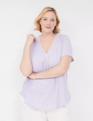 Lane Bryant Short-Sleeve V-Neck Top Magliette Donna Viola Strisce | WGC8821NT