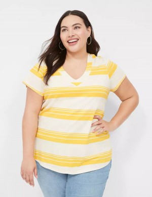 Lane Bryant Short Sleeve V-Neck Top Magliette Donna Gialle Strisce | VHH3364YZ