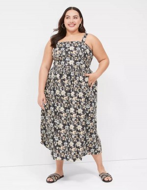 Lane Bryant Smocked-Back Pleated Abito Midi Donna Gialle Nere | FPQ6790TU