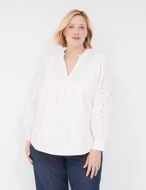 Lane Bryant Split-Neck Eyelet & Knit Camicetta Donna Bianche | QBY6893WO