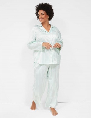 Lane Bryant Stretch Satin Shirt & Pant PJ Set Pigiama Donna Verdi Strisce | GEE7770CM