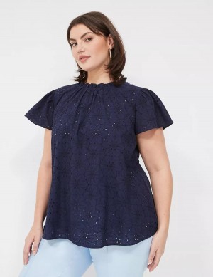 Lane Bryant Subtle Swing Cap Ruffle-Sleeve Eyelet & Knit Top Magliette Donna Blu | MDB5417IF