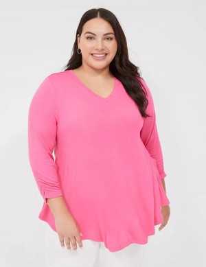 Lane Bryant Swing 3/4 Ruched-Sleeve Top Magliette Donna Fucsia | KVH17TO