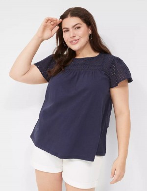 Lane Bryant Swing Flutter Sleeve Eyelet & Knit Tee Magliette Donna Blu | OUJ9187ZS