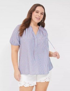 Lane Bryant Swing Short-Sleeve Notch-Neck Camicetta Donna Blu Strisce | LNW6490BJ