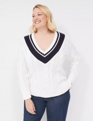 Lane Bryant V-Neck Cable Pullover Maglioni Donna Bianche | DZG6027MI