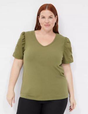 Lane Bryant Woven Puff-Sleeve V-Neck Knit Tee Magliette Donna Verdi | KBG78NG