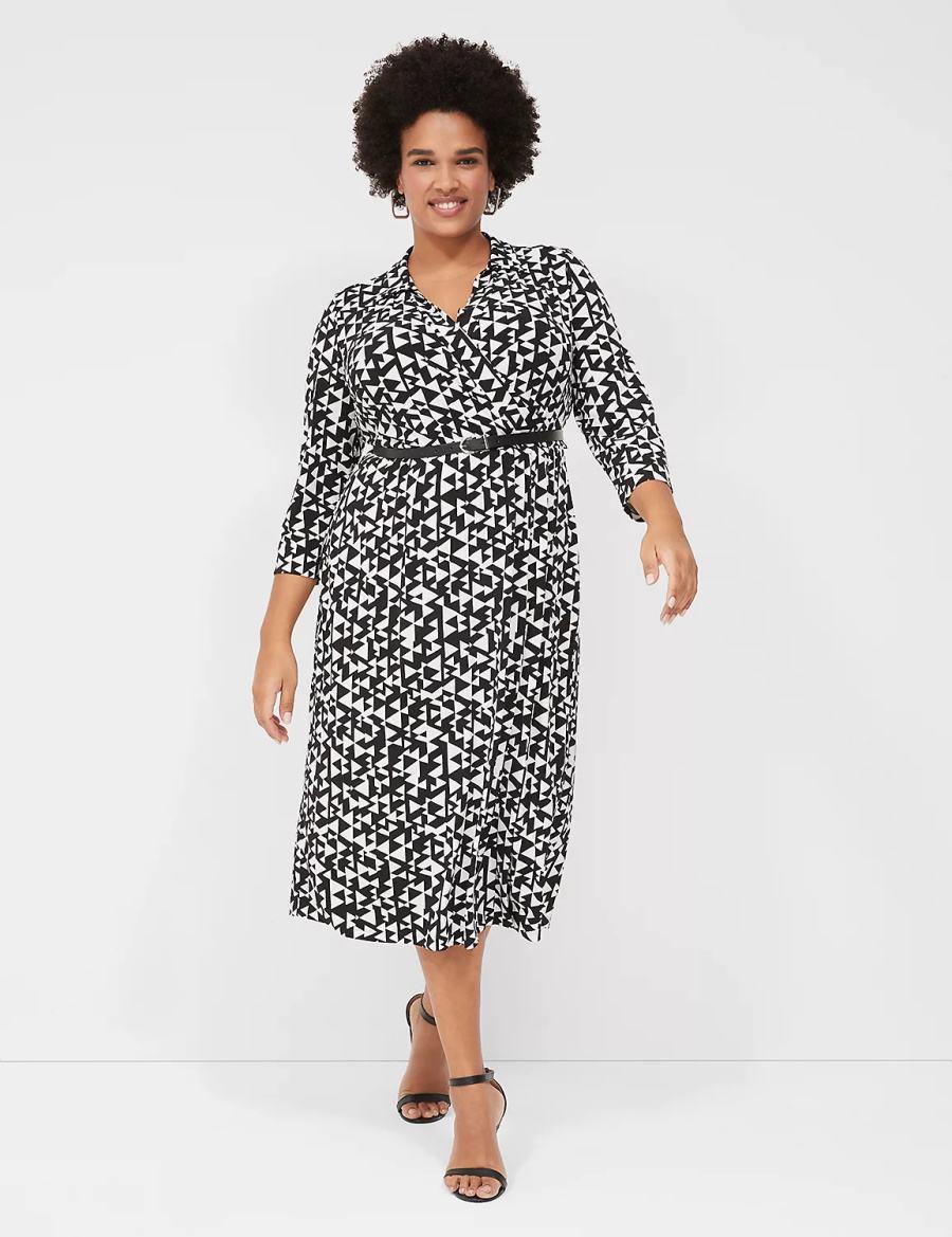 Lane Bryant 3/4-Sleeve Collar Faux-Wrap Jersey Abito Midi Donna Nere | RJP863IY